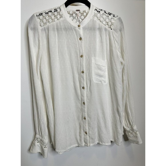 Free People The Best Blouse Oversized Crinkle Crochet Lace Top Ivory Size XSmall - Picture 2 of 9